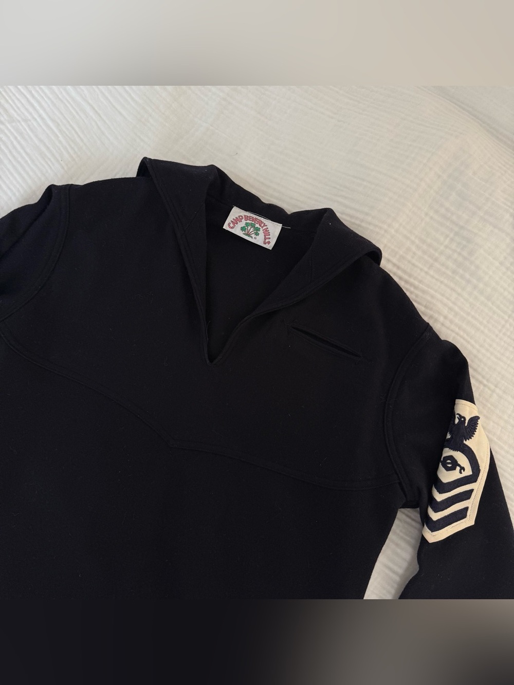 Vintage camp Beverly Hills sailor top wool S patch wide sleeves navy